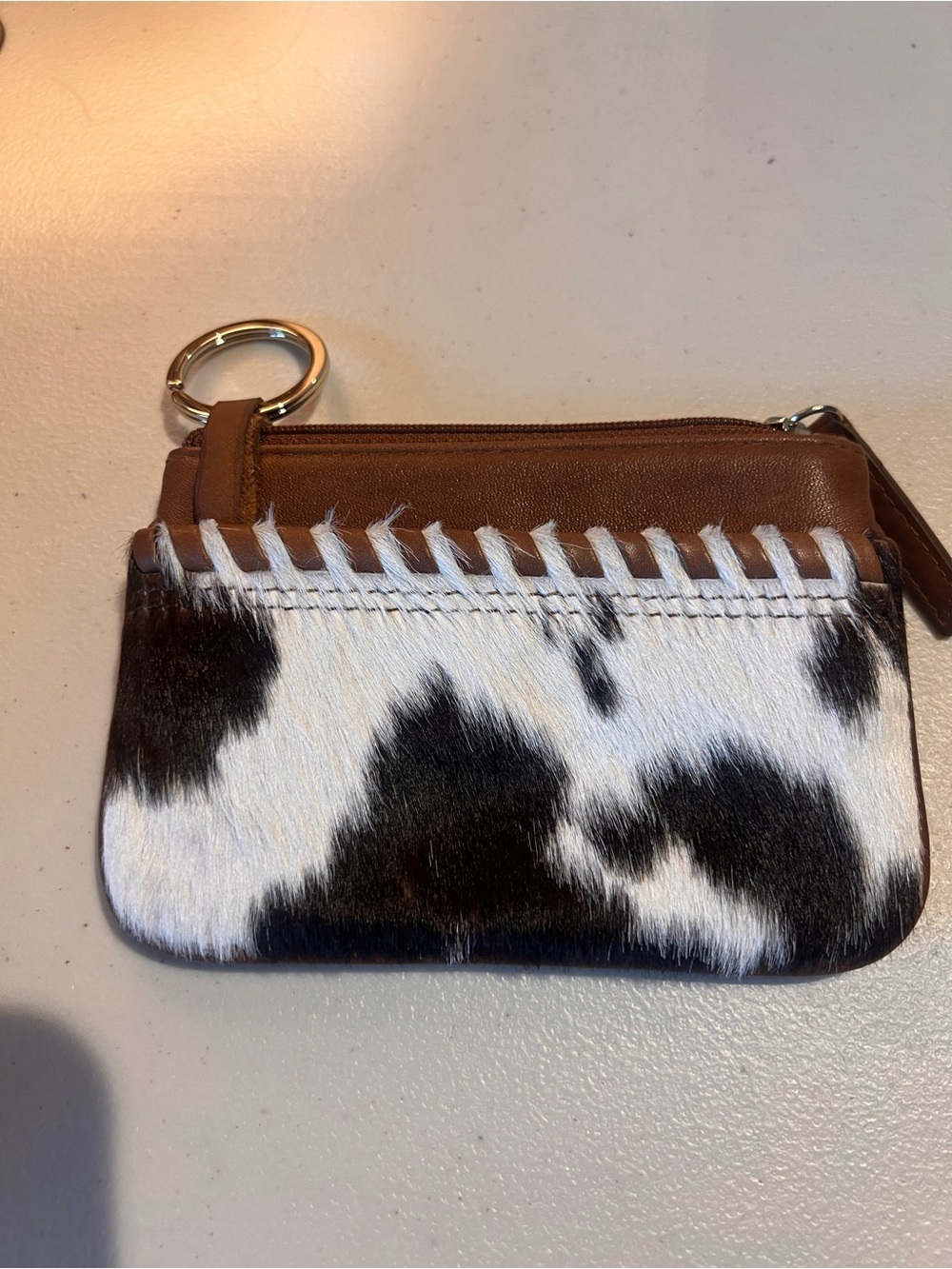 Black Haircalf Leather Coin Purse with Whipstitching